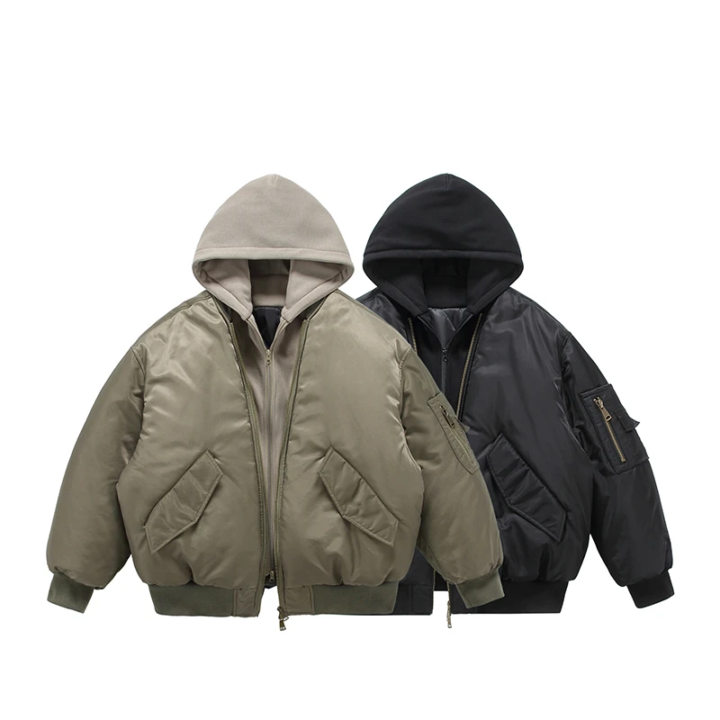 冬季加厚假两件MA1连帽夹克美式街头潮流加棉短宽版尼龙男女外套