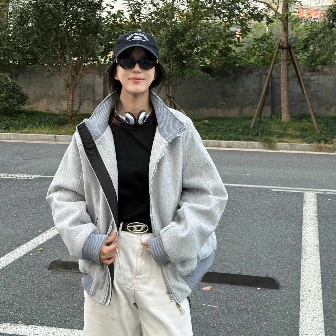 冬季新款短宽版毛呢外套解构风中性街头帅气立领加棉加厚保暖夹克