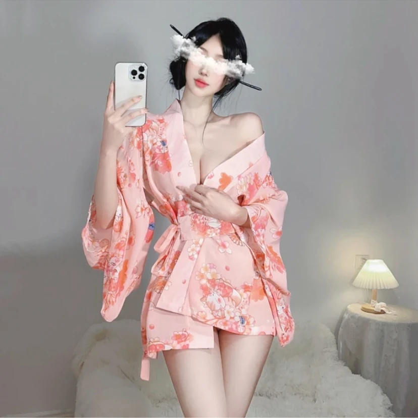 性感优雅低胸深V领花色超短收腰显瘦和服连衣裙足疗桑拿房工作服