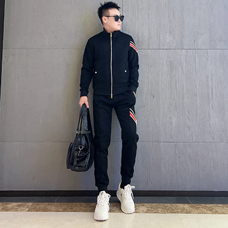 秋季潮牌休闲运动套装男士时尚百搭撞色宽松立领外套束脚裤两件套