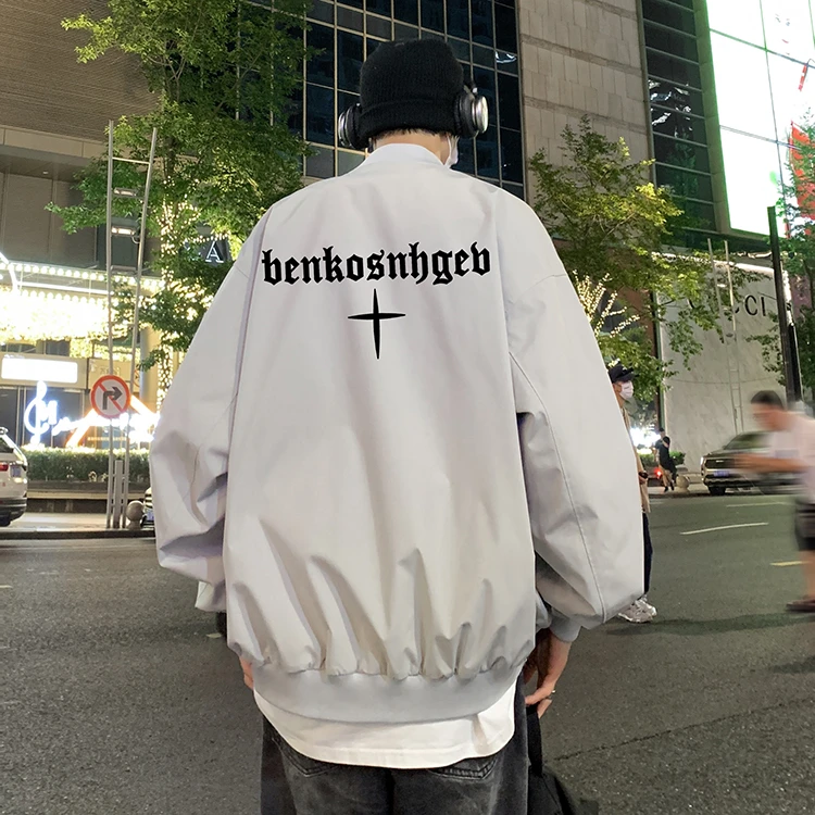 秋季美式高街夹克男春秋款潮牌痞帅十字架印花外套城市机能男外套