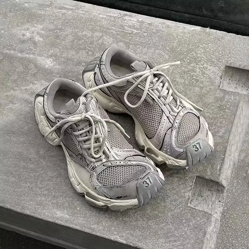 牛皮版~爆款巴黎真皮做旧订书机显脚小老爹鞋女厚底休闲运动女鞋