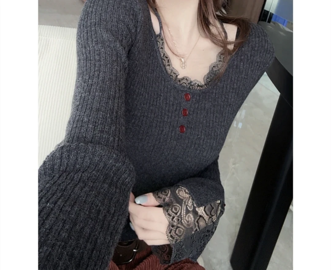 洋气女人味蕾丝边小衫修身显瘦长袖v领针织打底衫24102203