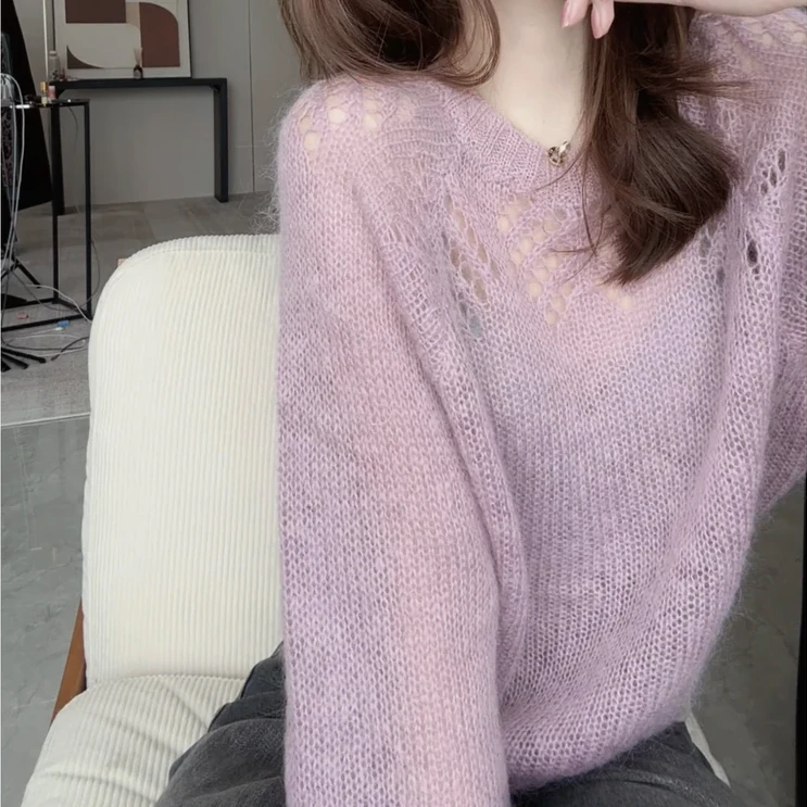 洋气温柔气质镂空马海毛毛衣长袖圆领针织衫24092101