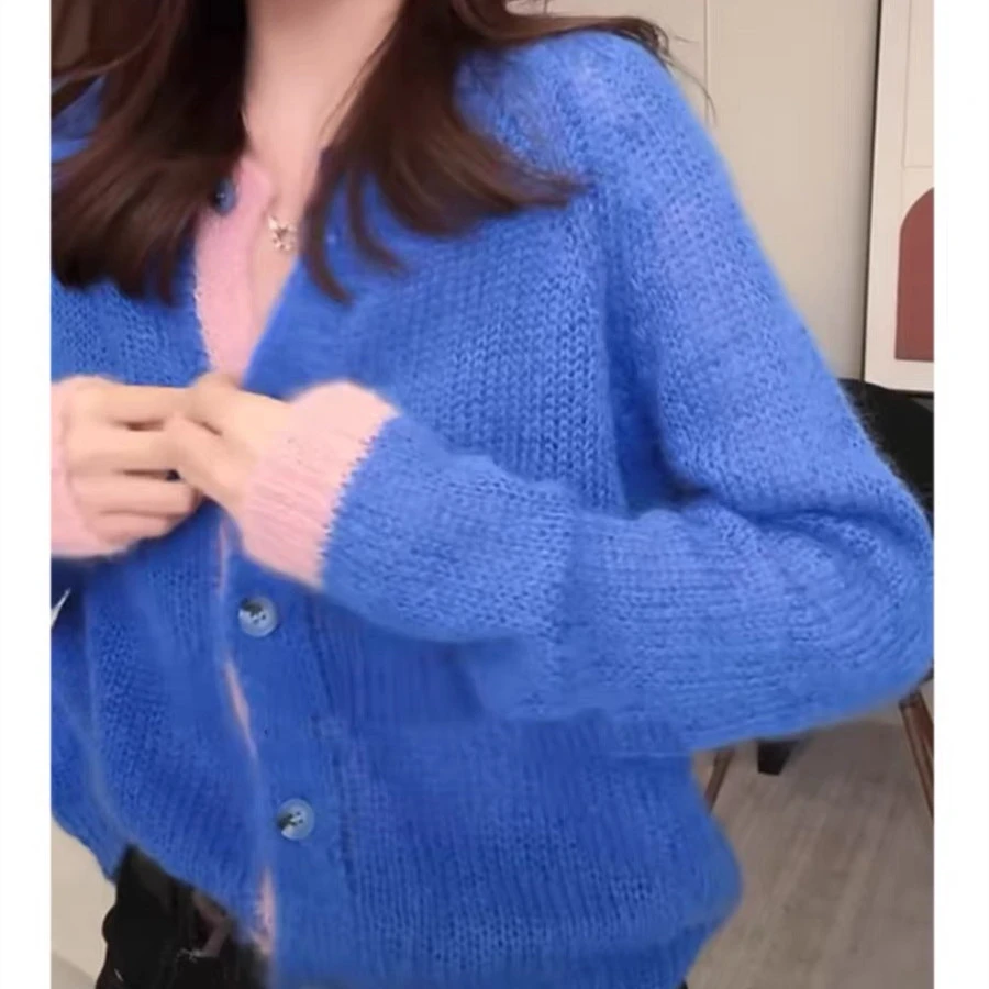 欧货高级感洋气蓝色毛衣女2024秋冬新款宽松慵懒风时髦针织开衫