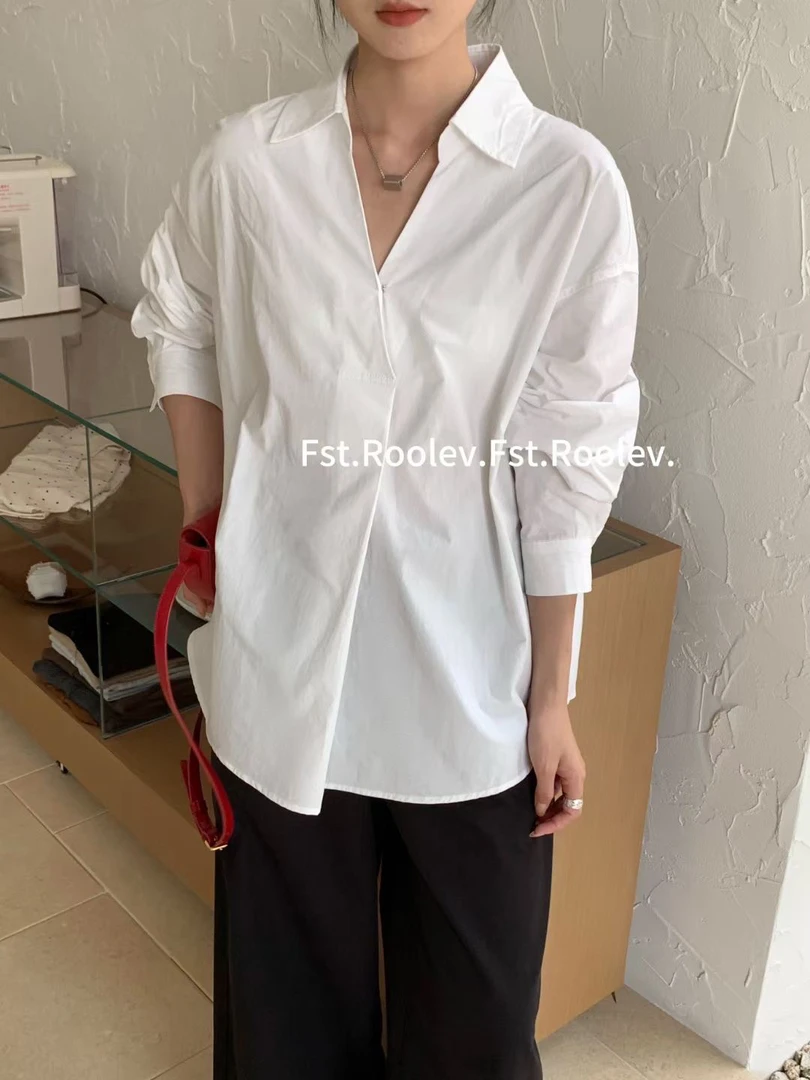 气质通勤知性深领套头衬衫女早秋新款宽松纯色上衣