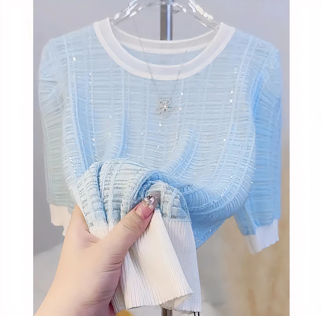 纯色烫钻时尚冰丝针织衫套头上衣洋气针织百搭夏季镂空薄款宽松版