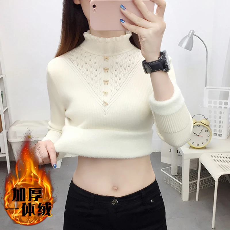 一体绒新款毛衣女半高领秋冬爆款加绒加厚内搭上衣保暖打底针织衫