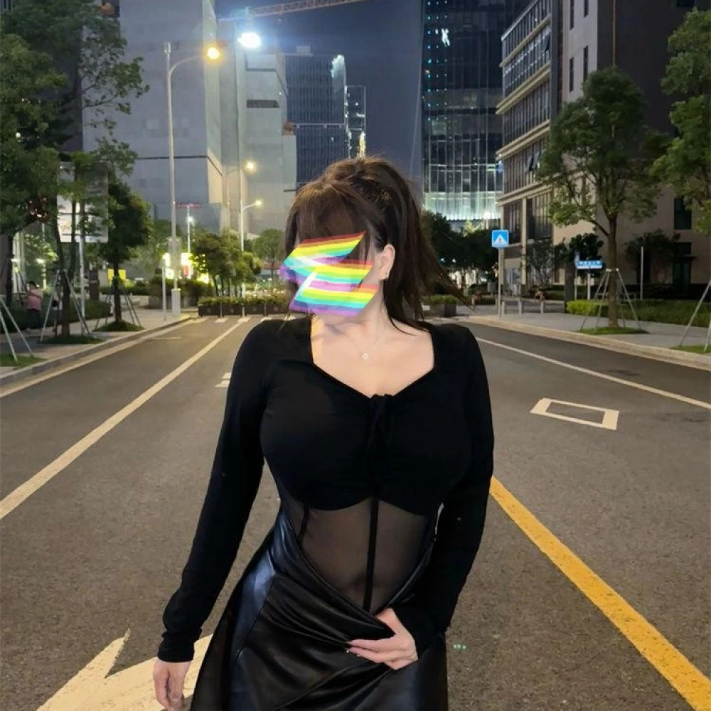 大码mm网纱拼接辣妹上衣御姐炸街小性感高腰显瘦半身裙两件套