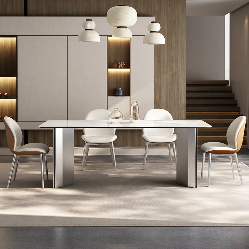 铭塑岩板餐桌简约北欧不锈钢双菱款组合家用长方形意式轻奢饭桌子