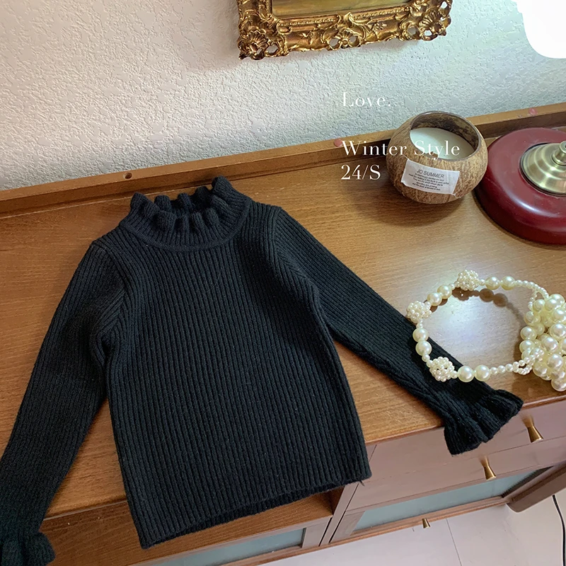 2025冬女童木耳边黑色毛衣秋冬打底衫半高领针织衫内搭24D038