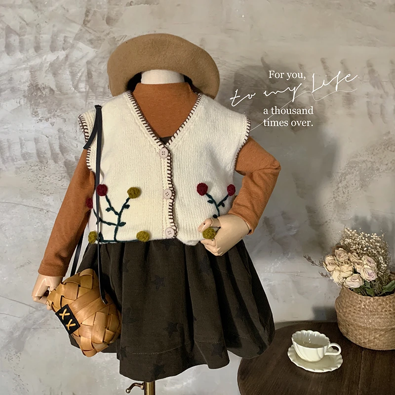 秋"风吹麦穗"韩版女童软糯马甲+打底衫+吊带裙套装23Q019