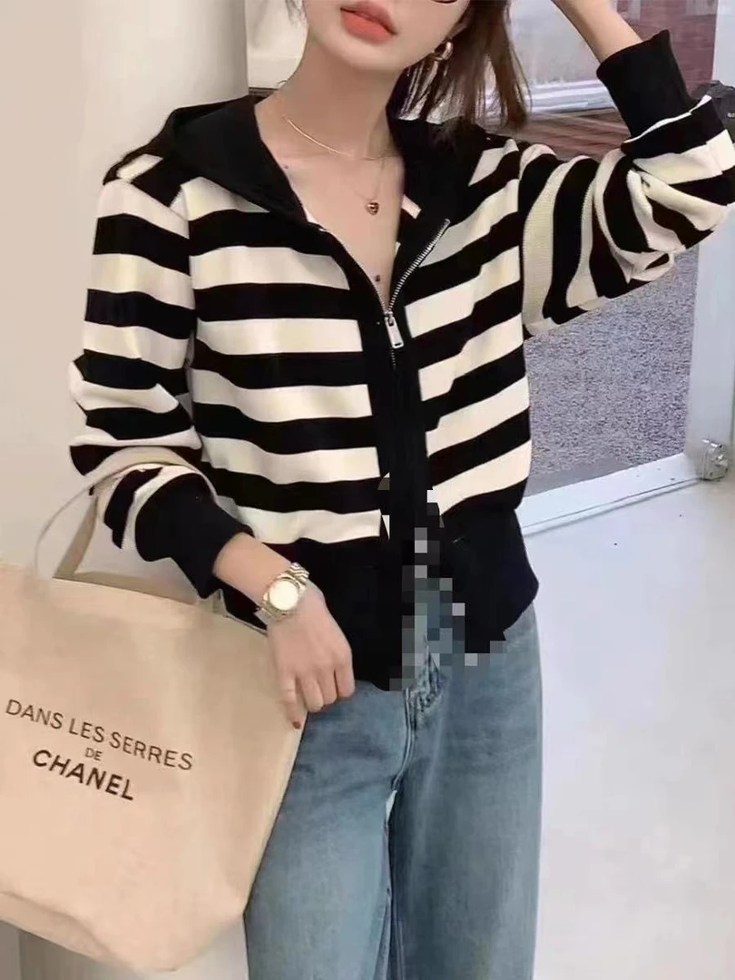 秋季新款小个子条纹撞色开衫卫衣网红长袖休闲连帽短款早秋韩版女