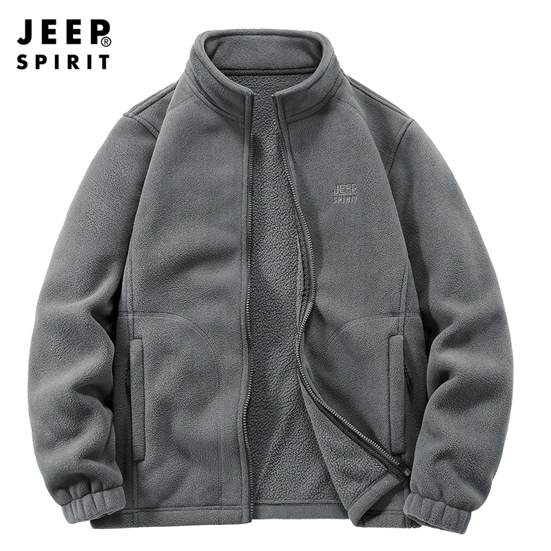 JEEPSPIRIT摇粒绒开衫卫衣男士春秋季休闲加绒保暖立领外套上衣