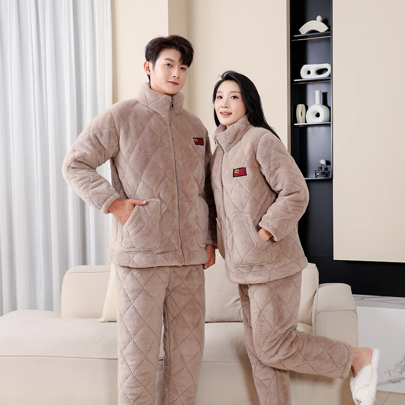 情侣冬季三层加厚夹棉保暖立领男女同款舒棉绒睡衣套装家居服