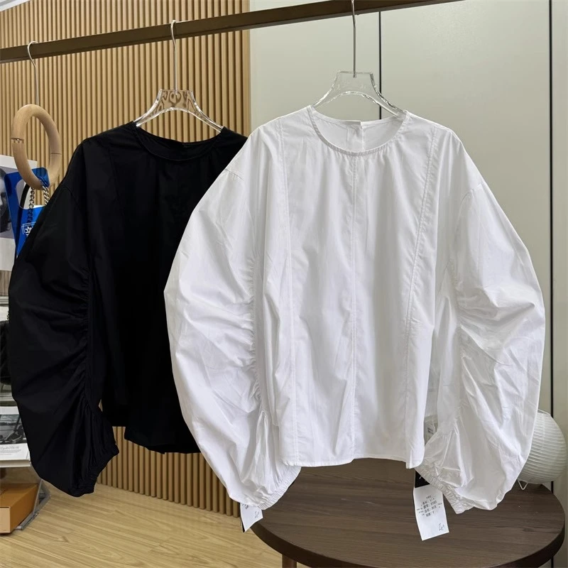 9963纯棉灯笼袖褶皱拼接衬衫女欧洲站早秋新款女装韩版气质上衣
