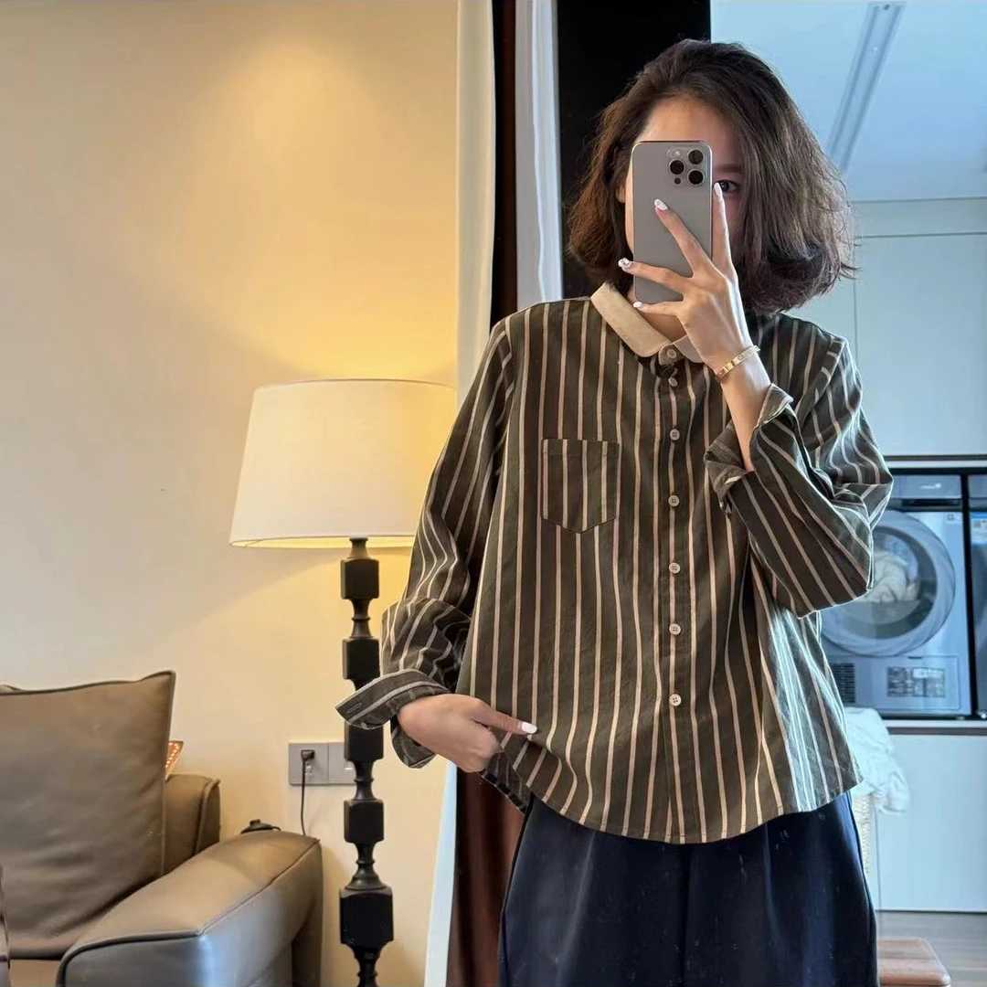 9970纯棉早秋新款百搭显瘦休闲气质条纹经典款衬衫上衣女外穿减龄