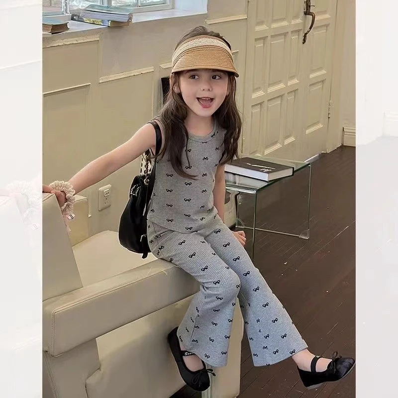 女童韩版蝴蝶结家居服套装夏装新款舒适短袖背心睡衣睡裤