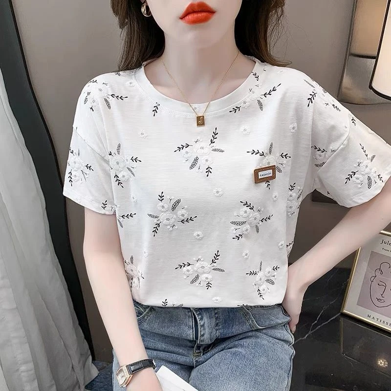 短袖T恤女士白色2024年新款洋气宽松圆领ins潮创意半袖内搭上衣潮