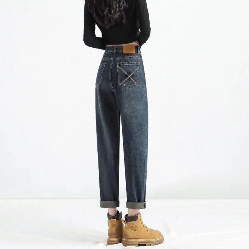 哈伦牛仔裤女春夏款九分高腰撞色设计皮牌百搭小个子萝卜老爹裤子