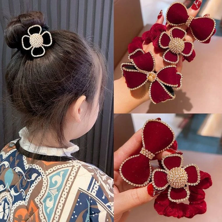 新年简约儿童发绳发饰过年头饰蝴蝶结头绳红色丝绒水钻发圈女童