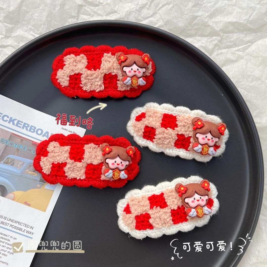 萌趣卡通红色发夹福气凯特bb夹可爱女孩毛线发卡头饰儿童边夹发饰