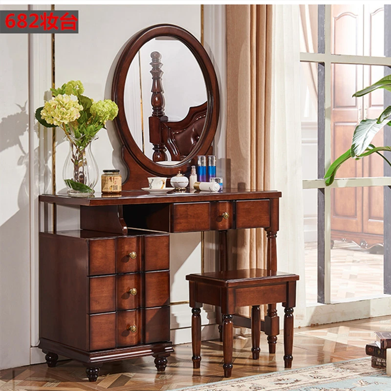 美式实木梳妆台收纳柜一体卧室小户型妆台凳组合多功能储物化妆桌