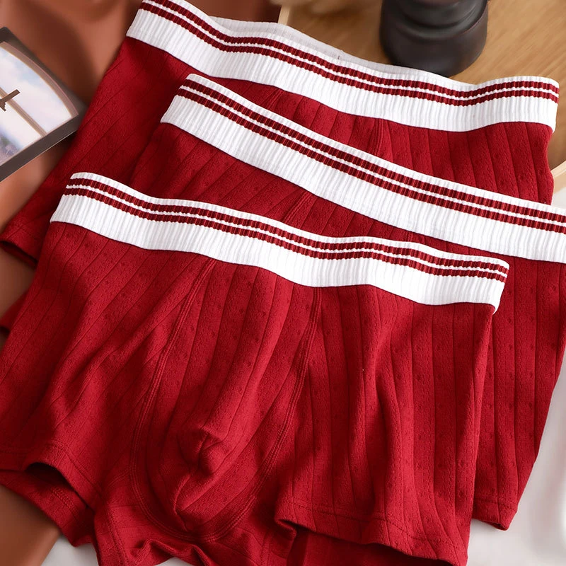 棉质大红色男士内裤本命年男平角裤新年红四角裤舒适透气时尚裤头