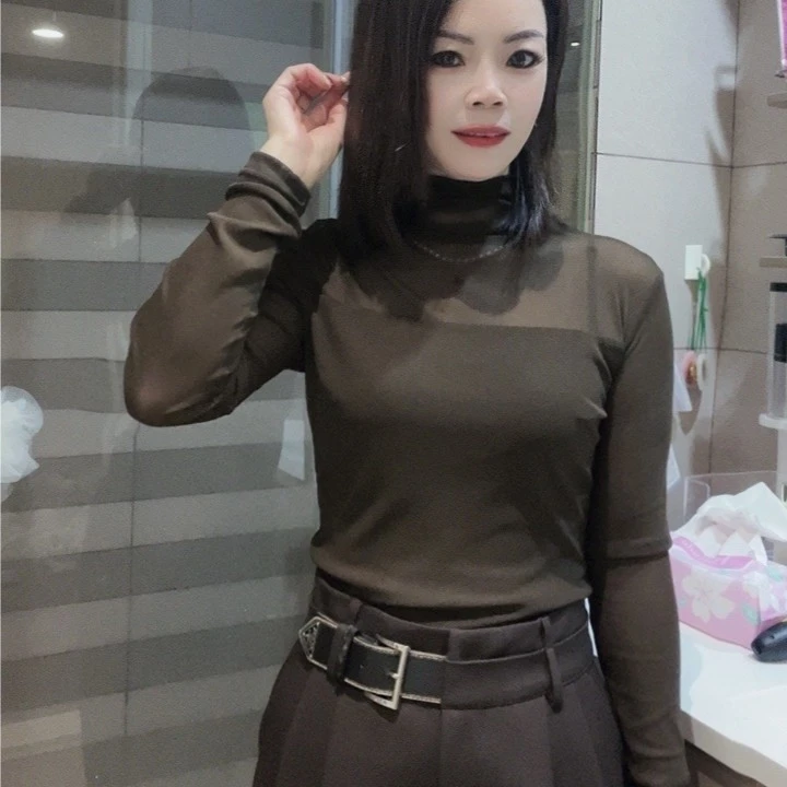 欧洲站2023秋冬新款小众复古甜辣性感微透拼接网纱立领T恤打底衫