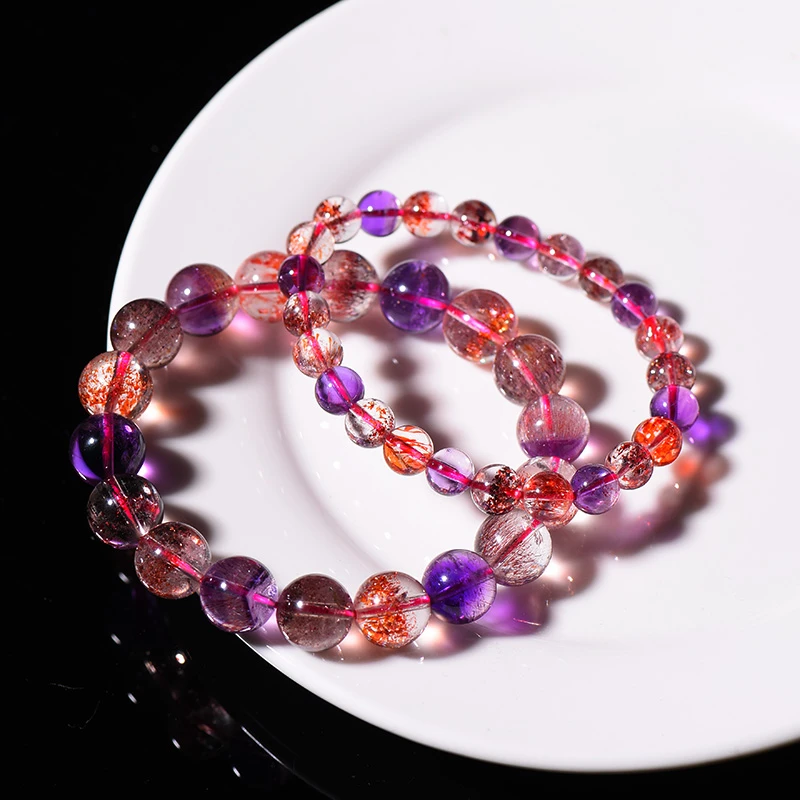 天品珠宝天然超级七手链云母片超七紫发晶三轮骨干水晶单圈手链