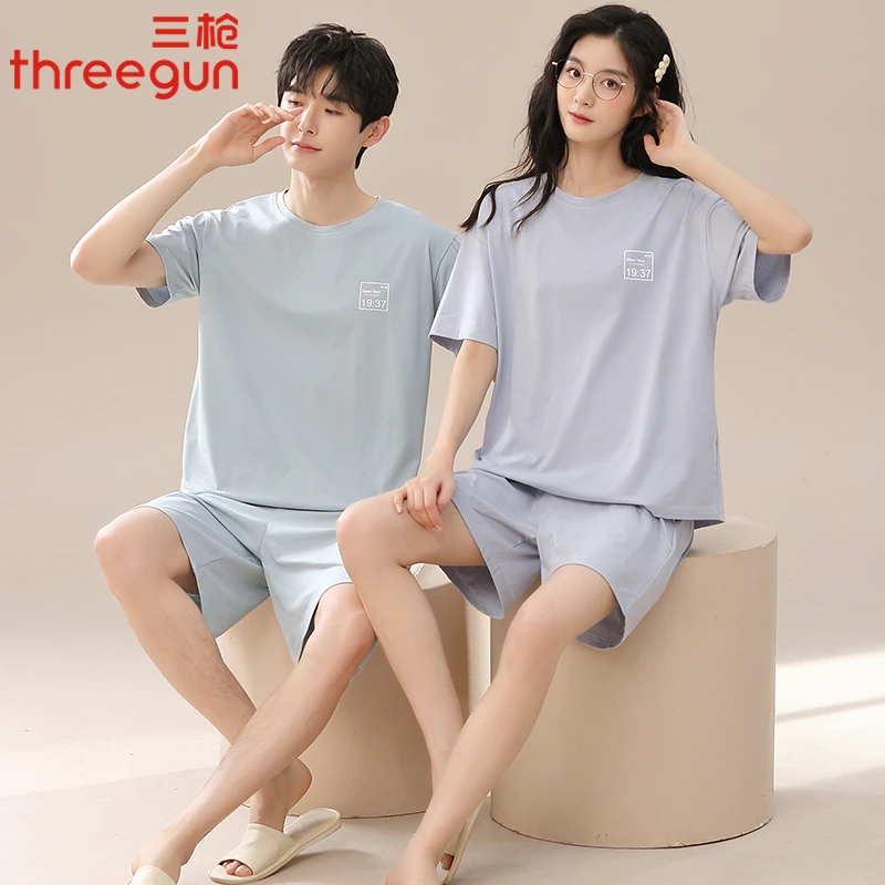 三枪情侣款睡衣夏季纯棉2024新款男士短袖短裤夏天女式家居服套装