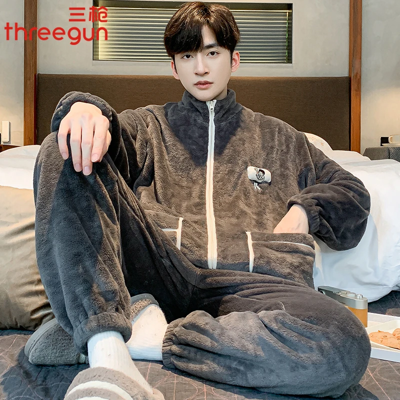 三枪睡衣男士秋冬季珊瑚绒加厚法兰绒拉链立领家居服套装2024新款