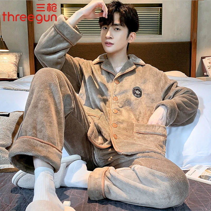 三枪睡衣男士秋冬季珊瑚绒加厚2024新款青年法兰绒大码家居服套装