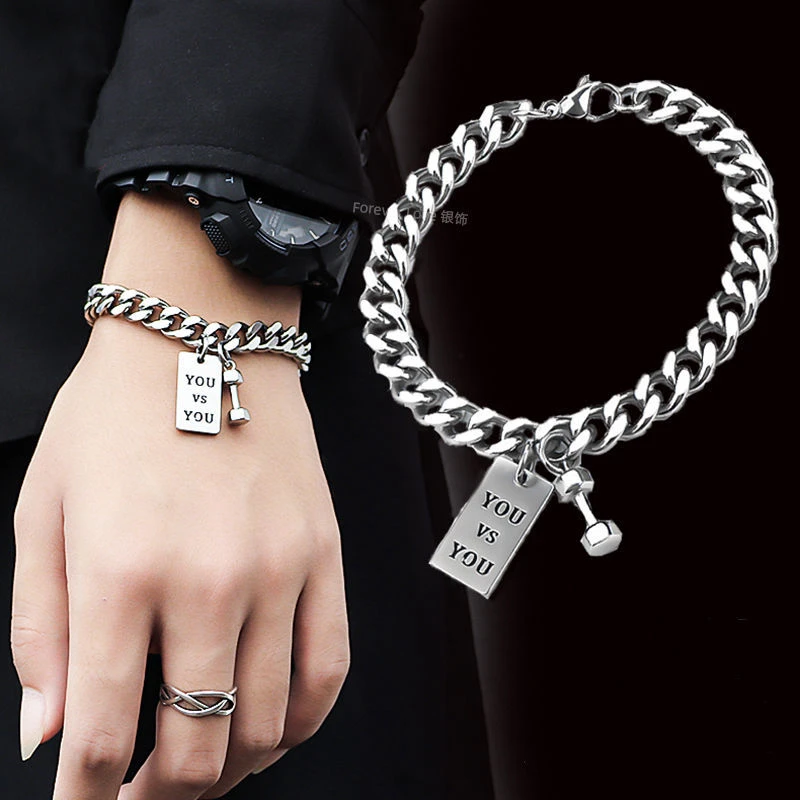 钛钢手链 古巴手链男潮ins小众设计高级感钛钢哑铃手环简约手饰品