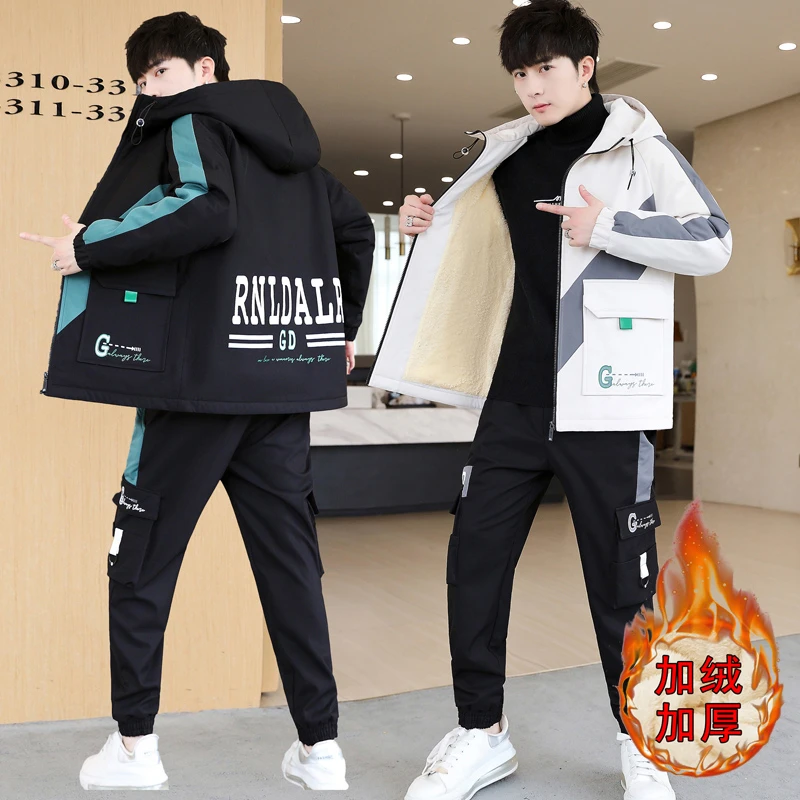 男士加绒夹克2022秋冬季潮流休闲套装一套搭配帅气青少保暖外套