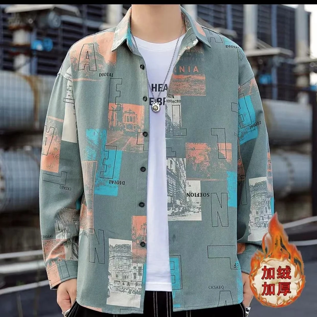 男士休闲长袖加厚牛仔工装衬衫2023新款潮流宽松外穿衬衣时尚外套