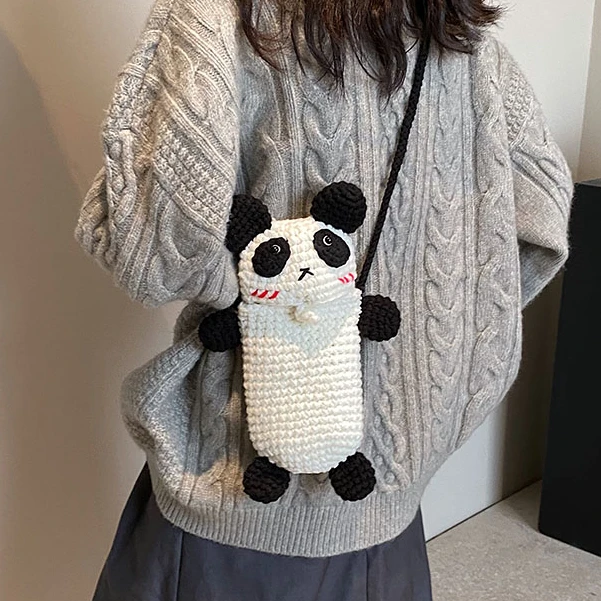 钩织熊猫手机包学生可爱手工编织毛线成品卡通单肩斜挎零钱包
