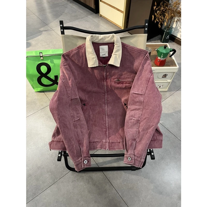 嘎本脆美式复古拼接灯芯绒水洗牛仔夹克男女春秋潮牌宽松工装外套