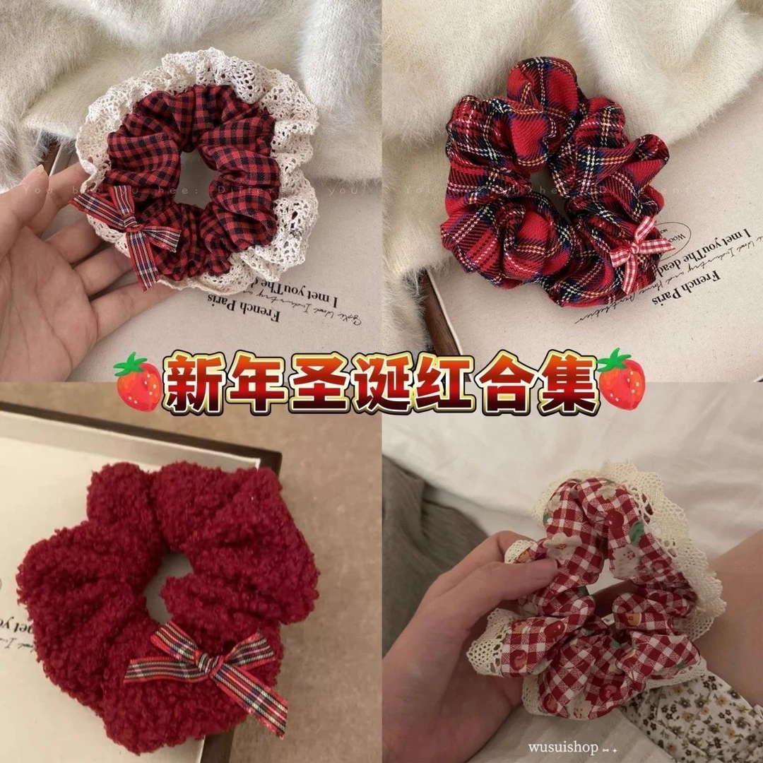 氛围红色格子大肠发圈女生秋冬韩系复古高级感头饰网红高弹力发绳