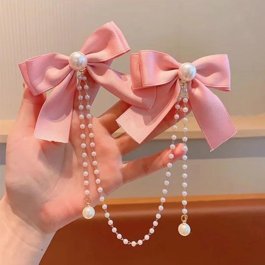 粉蝴蝶结额链流苏发夹~粉色少女心后脑勺蝴蝶结流苏发夹