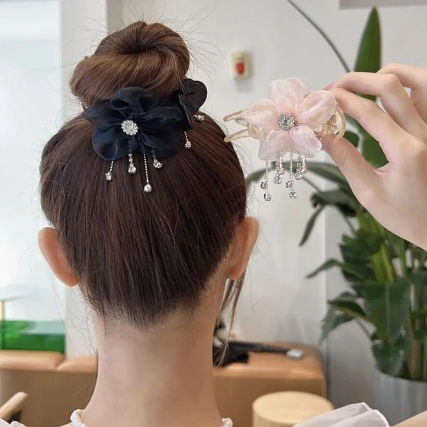 超仙丸子头花朵吊坠抓夹女生夏季优雅盘发