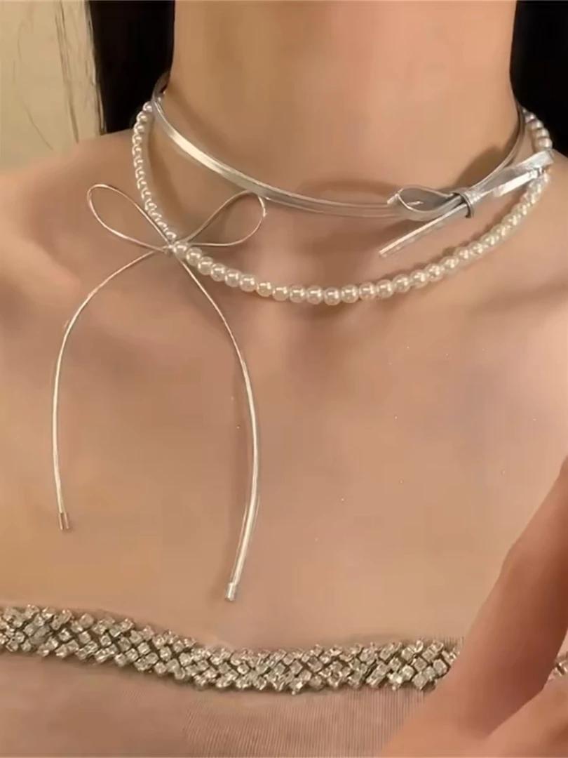 非金属仿珍珠项链 银色皮绳蝴蝶结珍珠项链女甜酷小众双层锁骨链