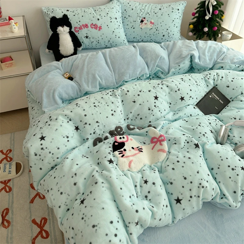 冬季加厚牛奶绒ins奶油治愈系少女心保暖四件套宿舍三件套