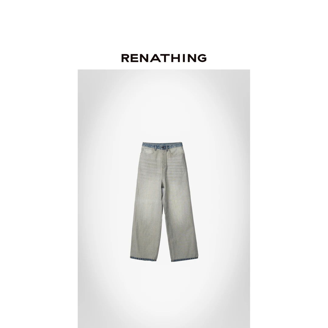 【RENATHING】宽松版型反底水洗阔腿牛仔裤