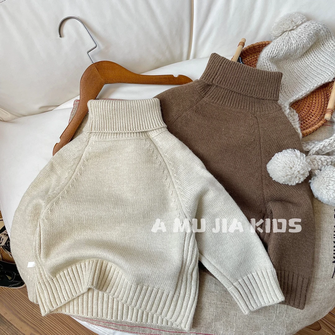 【阿沐家童品】宝宝森系童装冬款儿童翻领毛衣中小童纯色百搭毛衣