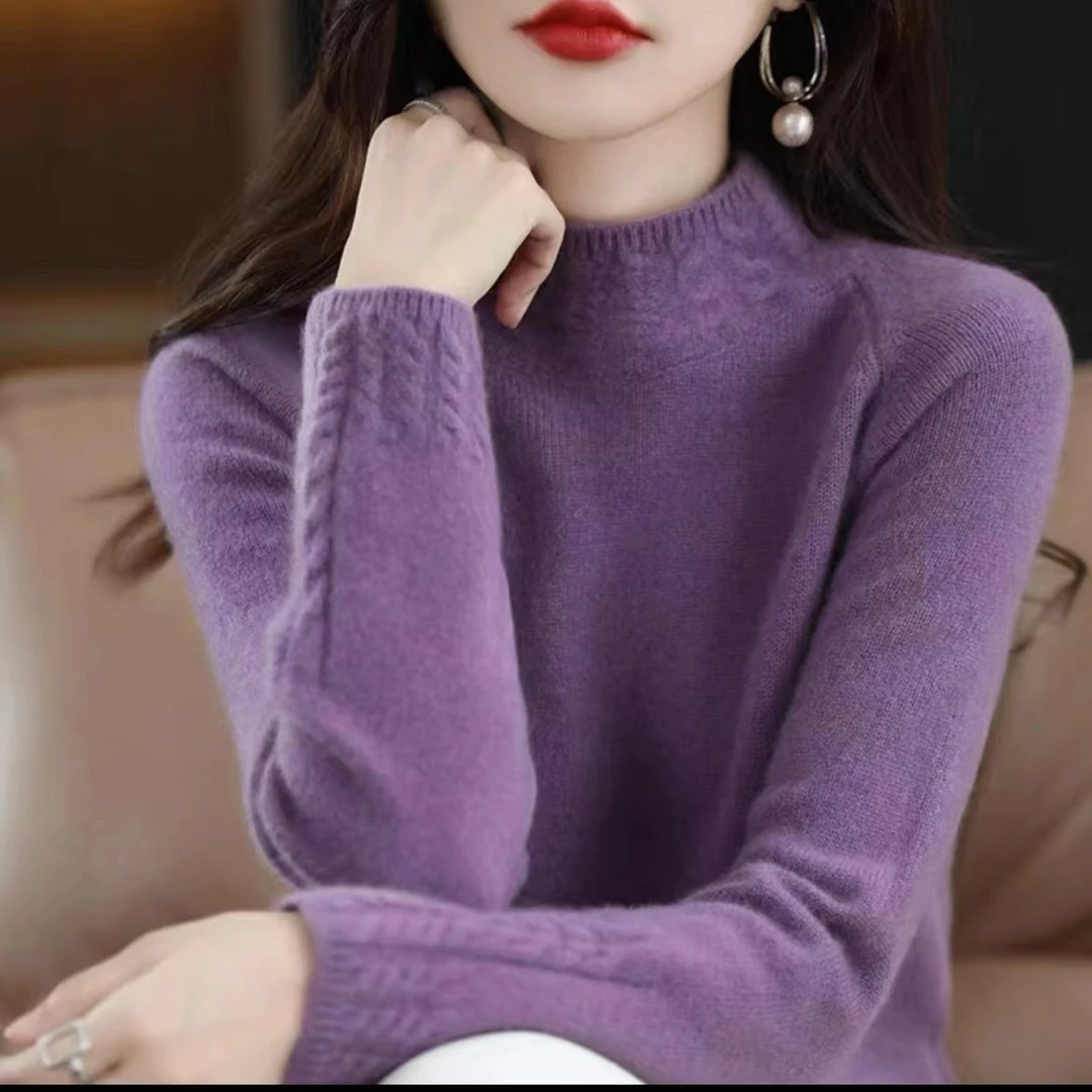 秋冬加厚女100纯羊毛衫麻花半高领羊毛针织衫毛衣百搭纯色打底