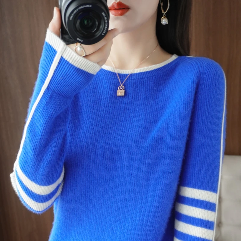很美一件！100纯羊毛休闲时尚套头圆领羊毛衫女秋冬宽松打底衫显瘦