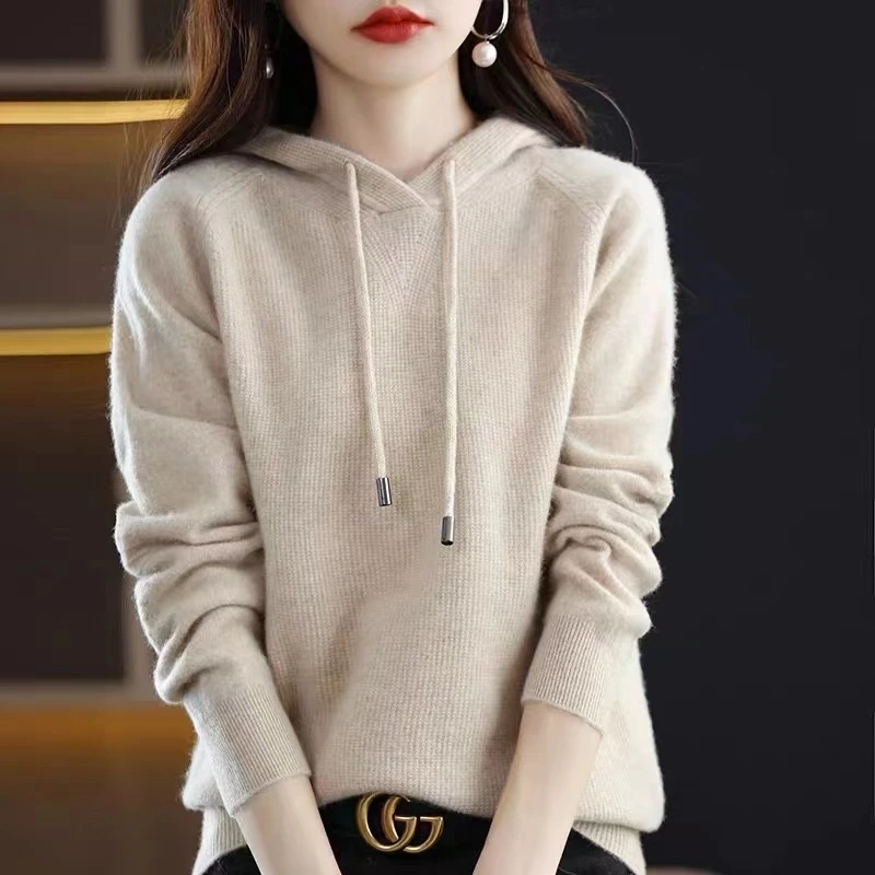 纯羊毛连帽减龄卫衣澳毛羊毛衫帽衫女士带帽套头针织毛衣秋冬百搭