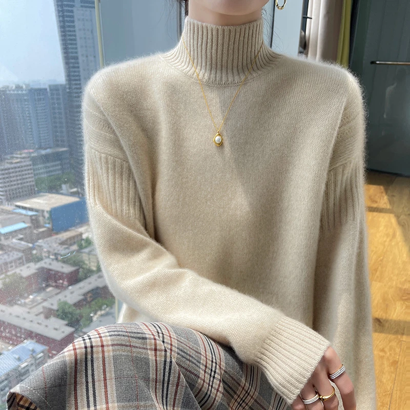 唯美带仙气！七针双股重工高端半高宽松款羊毛衫女高领羊毛衫