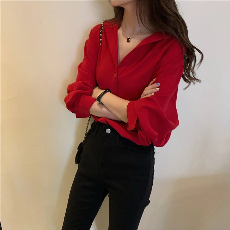 春秋新款红色雪纺衬衫女港风设计感小众复古港味时尚洋气长袖衬衣
